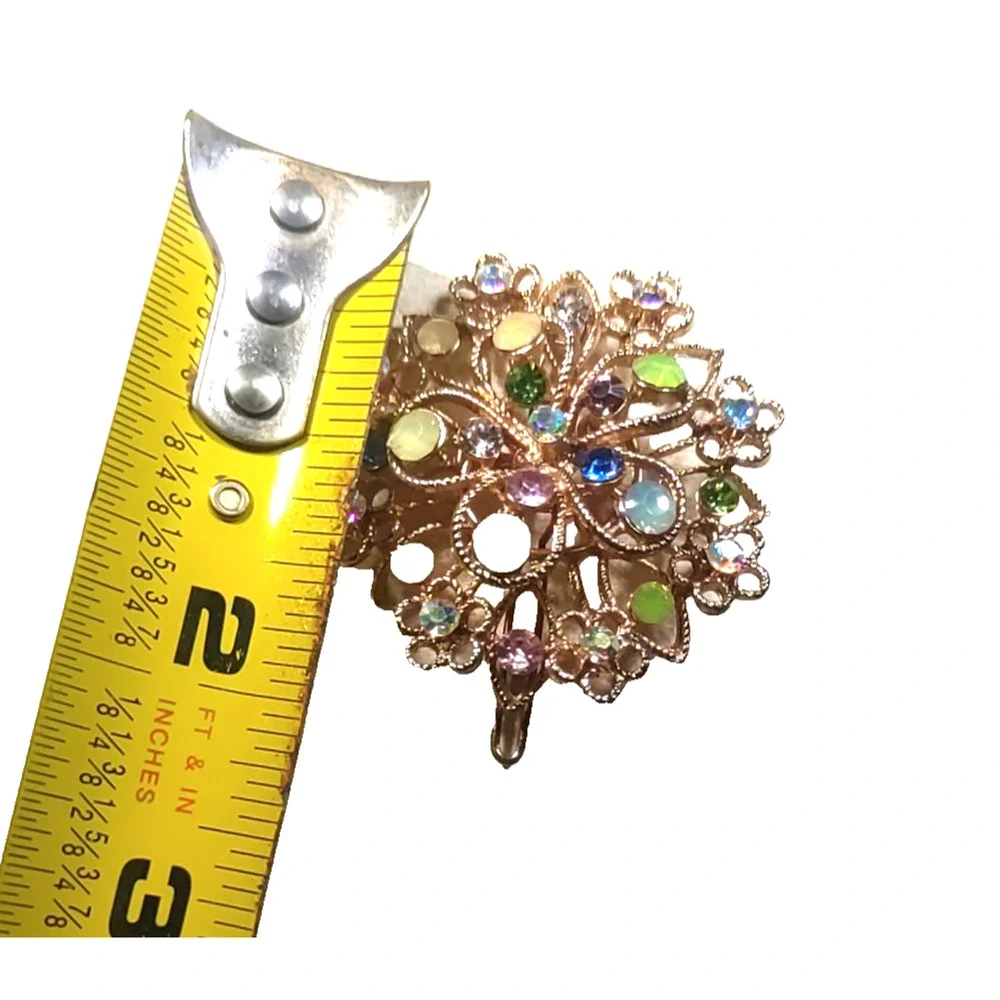 Hair Barrette Floral design Rhinestone Elegant Feminine Green Yellow Gold...